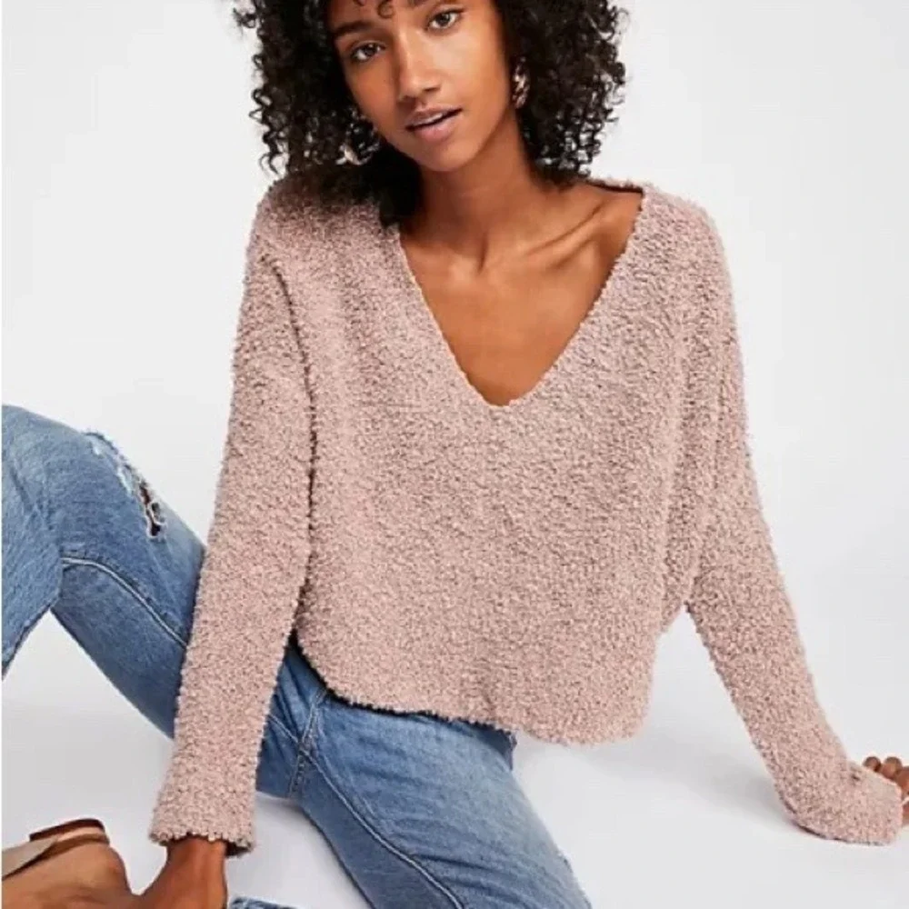 Free People Popcorn Pullover V-Neck Boxy Sweater In Mauve Pink Sz XS Boho Casual